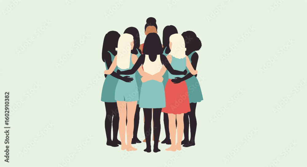 Obraz premium Diverse group of women embracing in a circle, symbolizing unity, support, and empowerment. Celebrating equality and sisterhood.