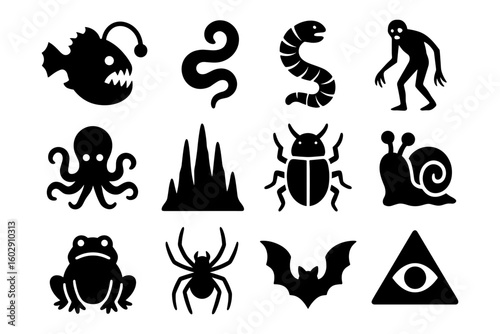 Silhouette collection of creepy creatures and symbols