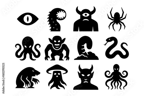 Collection of creepy monster silhouettes for halloween designs
