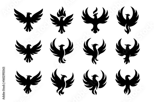 Phoenix bird silhouette icons: collection of majestic mythical creature designs
