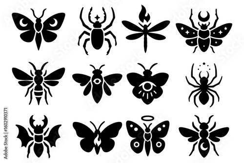 Silhouette insect icons: mystical and symbolic designs for creative projects