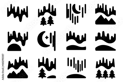 Abstract nature icons: mountains, trees, and aurora in bold silhouette style