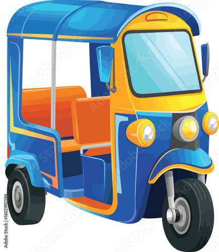 Illustration of a blue and yellow tuk-tuk with orange seats and black tires on a white background
