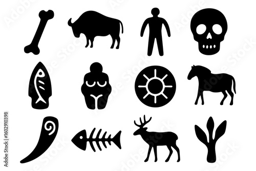 Ancient icons: prehistoric shapes and symbols in bold silhouette style
