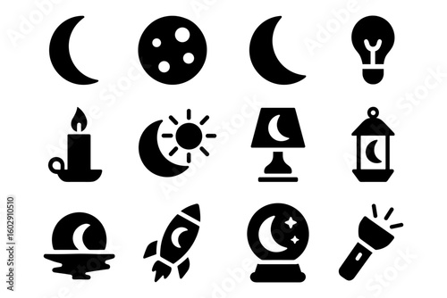 Nighttime icons set: moon, stars, and light symbols in simple black style