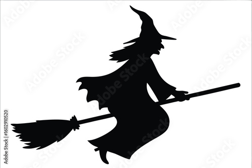 witch, silhouette, black, halloween, spooky, magic, dark, shadow, scary, art, evil, horror, haunted, mystical, ghost, flying, broomstick, costume, white, background, illustration, eerie, night, moon, 