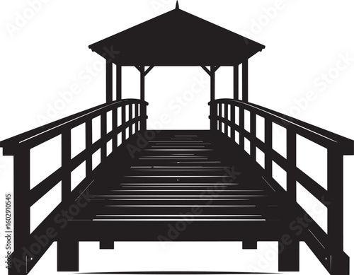 Wooden Ferry Bridge Silhouette in Black | Rustic River Crossing Illustration Vector Format
