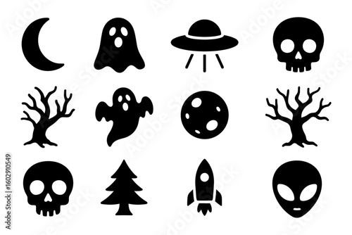Halloween silhouettes: ghosts, skulls, spaceship, moon, trees, and alien