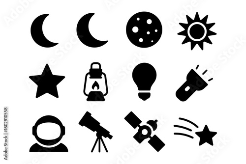 Celestial icons set: moon, sun, stars, space elements in minimalist silhouette style