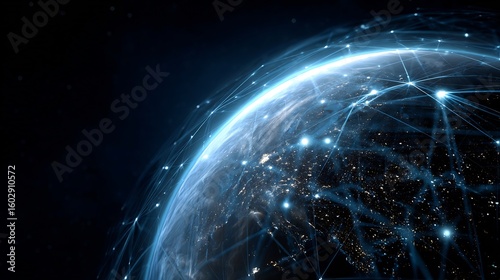 Fototapeta Naklejka Na Ścianę i Meble -  Futuristic digital planet wallpaper background showing Earth with glowing data lines AI satellites and connected global network