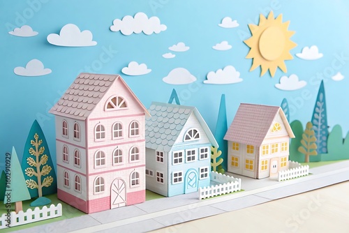 Pastel paper houses under a sunny sky paper art pastel colors