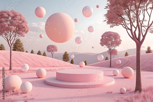 Pastel pink landscape with floating spheres and trees image