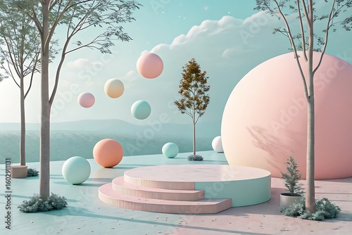 Pastel spheres floating above a geometric stage with trees image