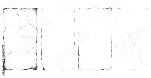 Distressed grainy paper overlay texture with torn, worn edges, dust, fading, and antique effects. Vintage paper stamps and frames with grunge and vignette style. Vector design