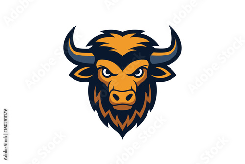 Mighty Buffalo Head Mascot Logo with Horns on White Background