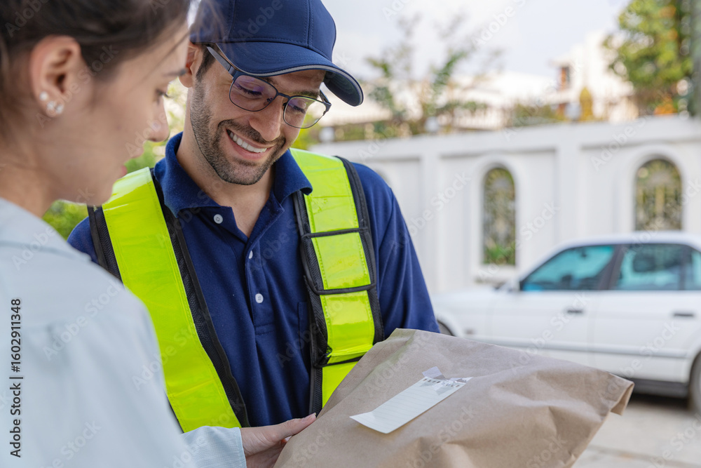 Delivery express courier young man use giving boxes or Food to woman customer at front home Delivery express courier young man use giving boxes or Food to woman customer at front home