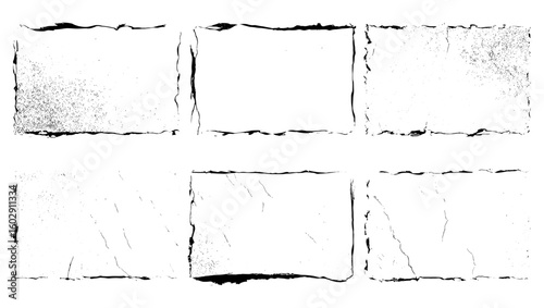 Worn paper overlay texture featuring torn edges, grainy effects, fading, and dust. Distressed vintage paper with antique traces and grunge stamps. Vector frame, border, vignette