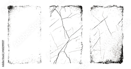 Grainy torn paper overlay texture with worn, distressed, and damaged edges. Vintage paper effect with dust, fading, and antiquity traces. Vector overlay stamps, retro grunge background