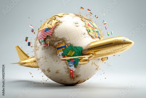 Golden airplane circling globe with highlighted continents (India, Argentina, Brazil, Ghana, Namibia), minimalist flags as color markers (no text), abstract watercolor background.
