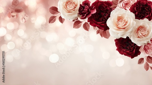 Fototapeta Naklejka Na Ścianę i Meble -  A corner arrangement of blush pink and deep red roses and carnations, with burgundy leaves, set against a bokeh background of soft peach and white lights