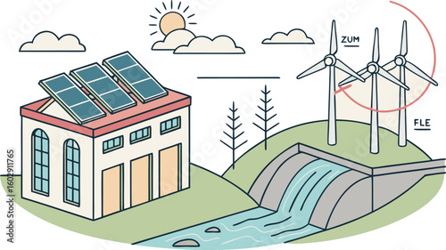 Illustration depicting renewable energy sources including solar panels windmills and a hydroelectric dam