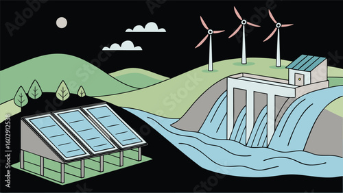 Illustration of renewable energy sources including solar panels wind turbines and hydroelectric dam