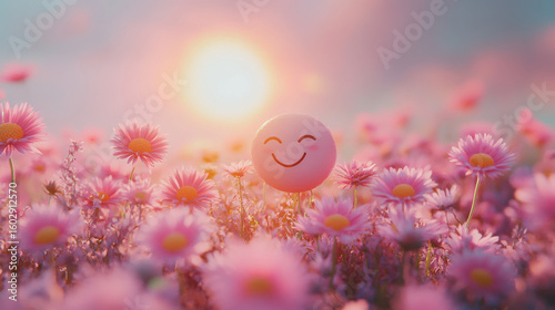 Smiling Pink Emoji in a Field of Pink Flowers at Sunset