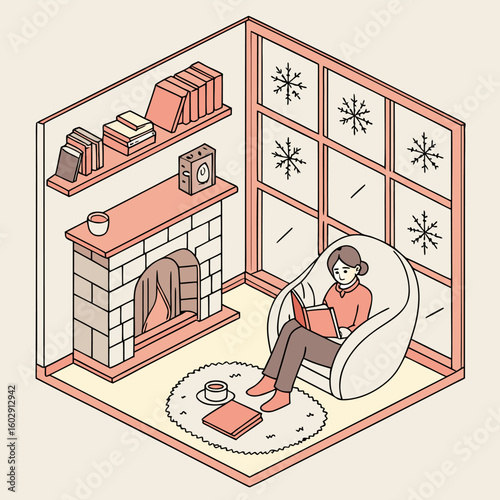 Isometric illustration of a woman reading a book in a cozy room with a fireplace and snowy window view