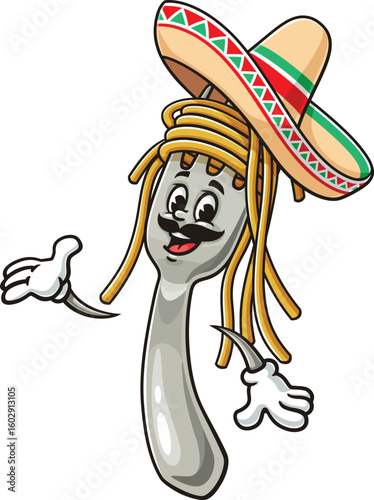 cartoon character of spaghetti on a fork wearing a sombrero hat