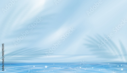 Water texture surface on blue wall background,Backdrop Summer nature light,palm leaves shadow on pool water ripple pattern for cosmetic product podium,Blue background for beautym,spa banner