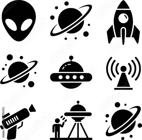 Alien spaceship planet rocket raygun communication tower and person vector