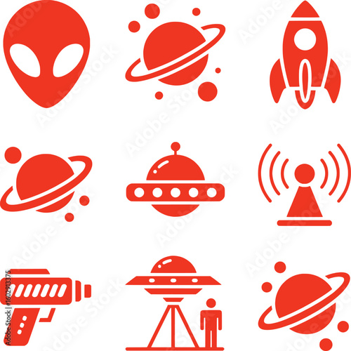 Alien spaceship rocket planet raygun communication tower and extraterrestrial visitor