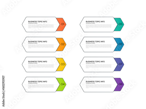 Modern infographics business design with 8 option concepts, parts, steps or processes can be used for workflow layout, diagram, number, web design. infographic element.