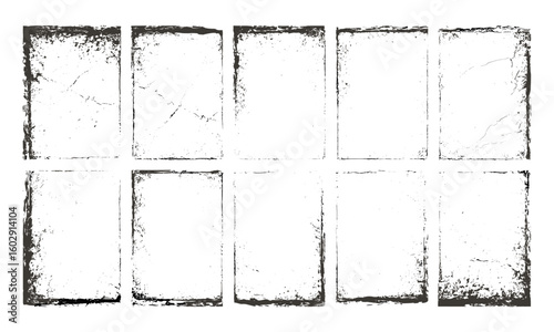 Vintage distressed grunge texture overlay with worn paint frame. Old paper grainy dust effect stamps. Realistic vector graphic template for retro background, poster, abstract design