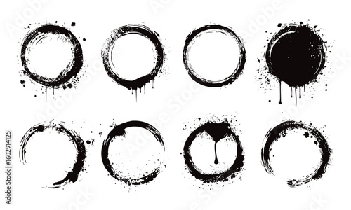 Round grunge paint brush strokes with spray, ink circles, coffee ring stains, and messy drips. Vintage grunge frame isolated on white background. Vector abstract splatter, blot, stencil