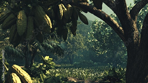 Lush tropical forest with cacao pods hanging from trees. Dense vegetation, 