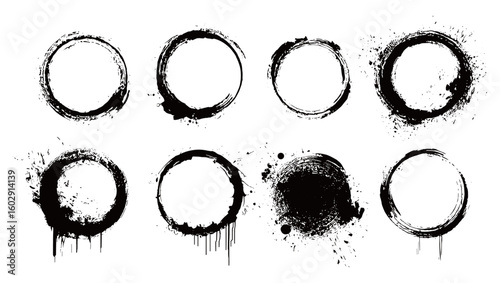Dirty paint effect with grunge round brush strokes, coffee rings, ink circles, spray splatter, and drips. Abstract messy frame isolated on white background. Vector retro stamp, blot, stencil design