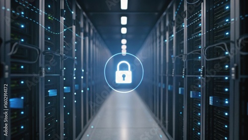 A data center corridor features server racks with a lock symbol, symbolizing cybersecurity and data protection.