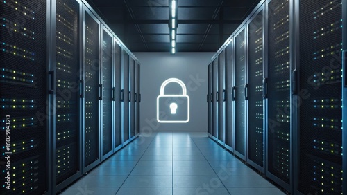 A modern server room with rows of data storage units and a prominent lock symbol, emphasizing security and technology.