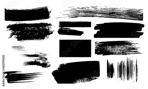 Set of thick dried brush strokes, grunge acrylic textures, stencil silhouettes, horizontal sketchy lines, black ink traces, and hand-drawn rectangles on white background with abstract, vintage