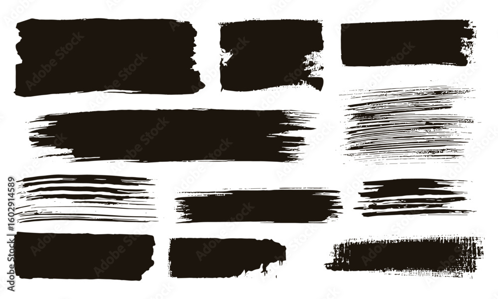 Collection of dried brush strokes in bold style, grunge acrylic textures, black ink splashes, stencil silhouettes, hand-drawn thick lines, banners, and sketchy rectangles on white background