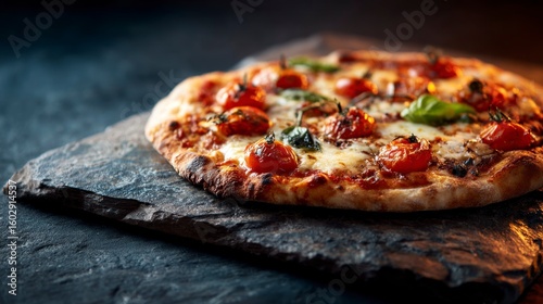 Delicious pizza on stone plate