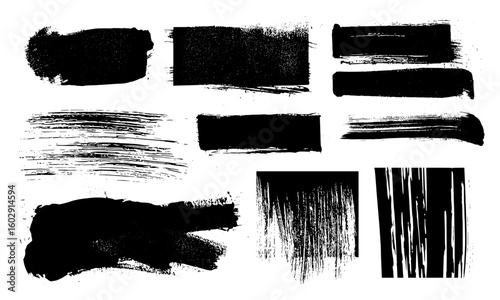 Isolated bold dried brush stroke set on white with grunge acrylic textures, black ink splashes, stencil silhouettes, rough hand-drawn lines, vintage distress scratches, graffiti stains