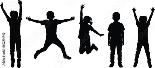 Children jumping and playing in silhouette, fun and active poses, youthful energy, outdoor happiness, black vector design, joyful movement illustration