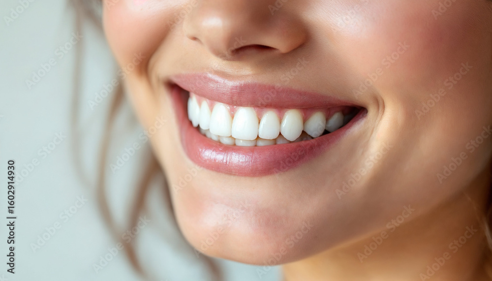 Obraz premium Confident woman smiling brightly with perfect white teeth, clean white backdrop. 