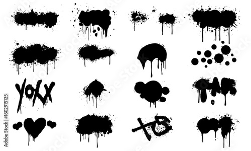 Vector spray paint graffiti with smudges, splashes, stencil shapes, and dripping aerosol clouds. Street art mockups with textured spray effects and grunge blot backgrounds. Urban splatter