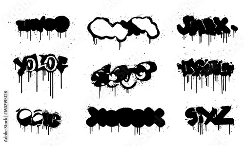 Street aerosol spray paint vector set with textured graffiti splashes, smudges, stencil shapes, and dripping paint. Grunge spray cloud backgrounds and blot effects for urban street art design