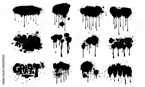Grunge urban stencil vector with graffiti spray paint texture. Dried drips, splatters, and black paint spots on messy background. Artistic stencil mockup for street art, spray paint decoration