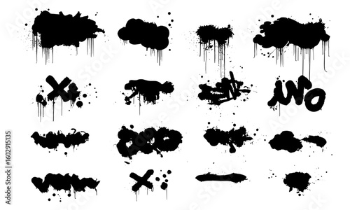 Smudged graffiti spray textures with dripping paint, splatter shapes, and aerosol cloud vectors. Street art stencil mockups featuring splashes, blots, and messy spray effects. Urban vandalism style
