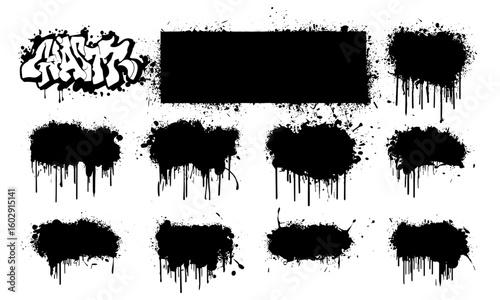 Spray paint vector background with gritty graffiti texture, dried drips, black paint splatters, and stencil art. Artistic messy spots and splashes for urban street art designs and spray paint effects